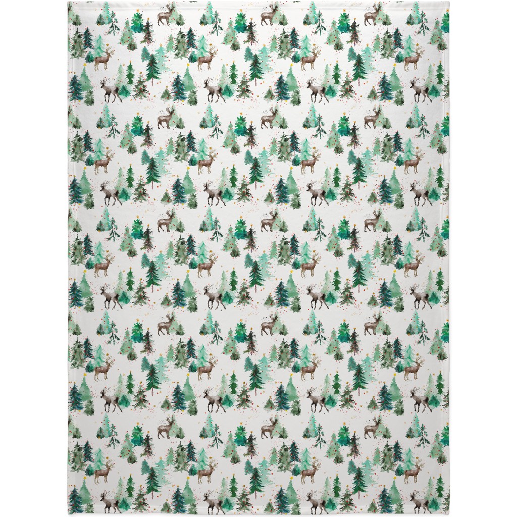 Rudolph Deer & Christmas Trees Blanket, Sherpa, 60x80, Green, Classic Green