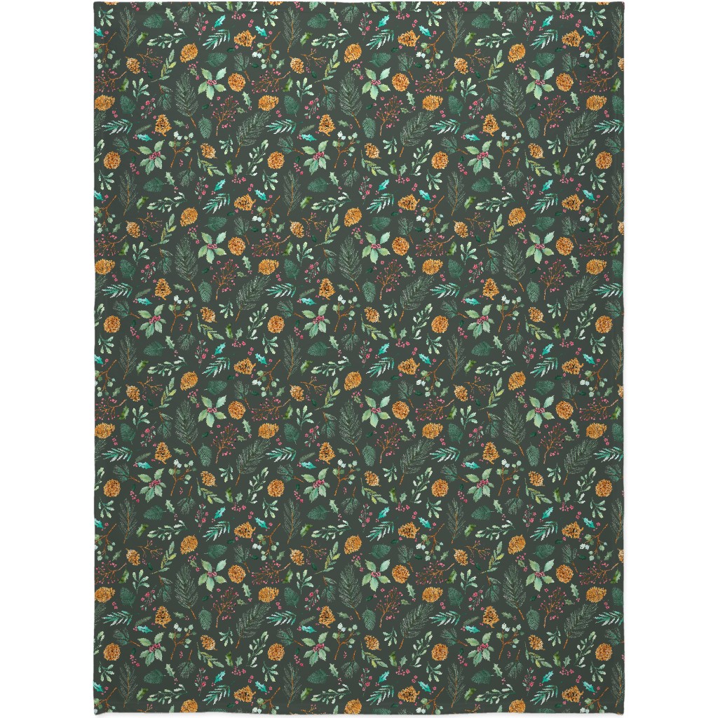 Christmas Holiday Botanical on Dark Green Blanket, Sherpa, 60x80, Blue, True Blue