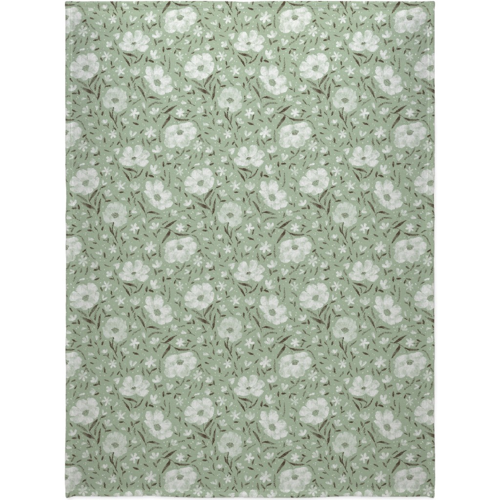 Charlotte Floral - Sage Blanket, Sherpa, 60x80, Green, Classic Green