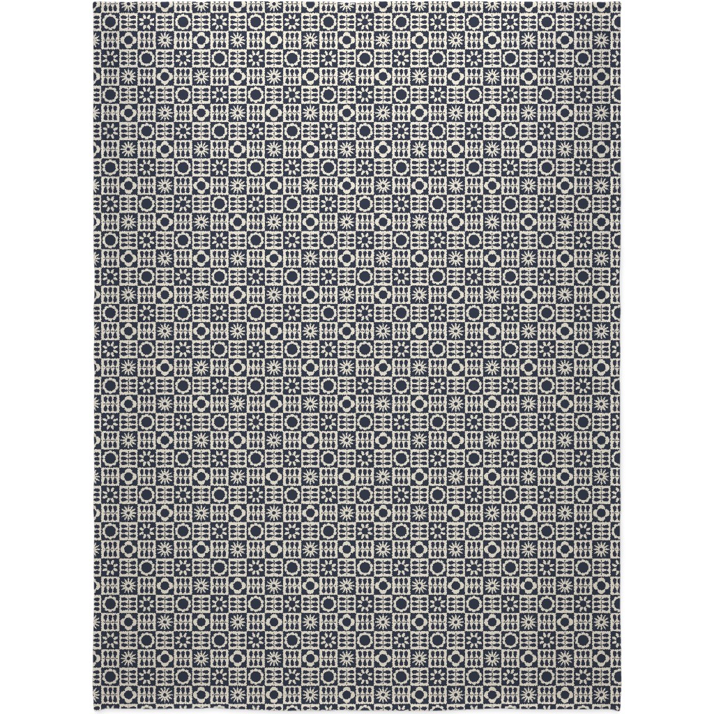 Scandinavian Checker Blooms - Off White and Navy Blanket, Sherpa, 60x80, Black, Black