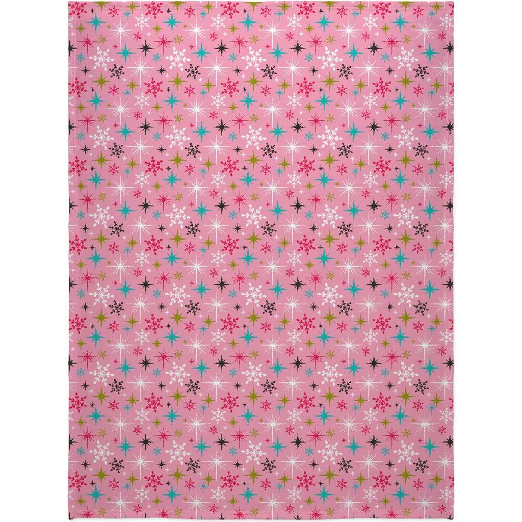 Stardust Retro Christmas Snowflakes and Stars - Pink Blanket, Sherpa, 60x80, Pink, Bright Pink
