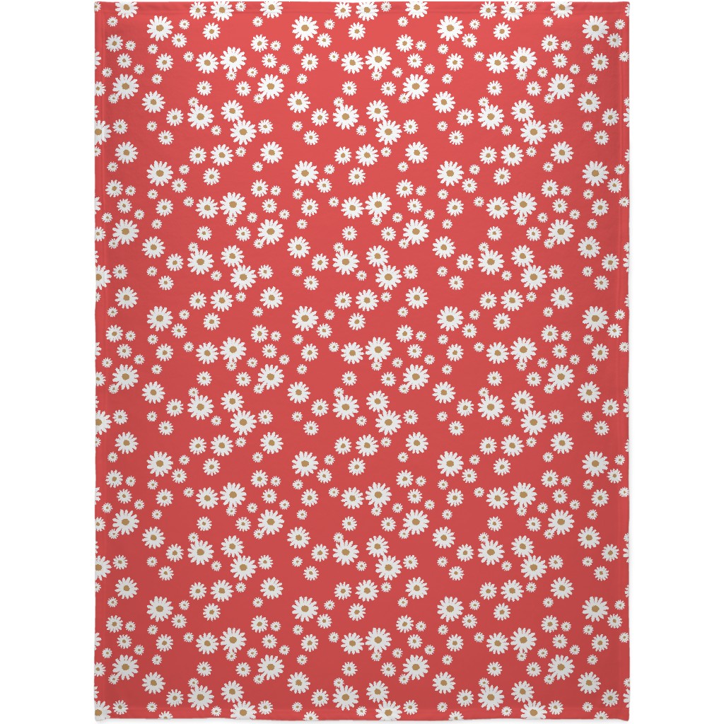 Vintage Daisies - White on Red Blanket, Sherpa, 60x80, Red, Red