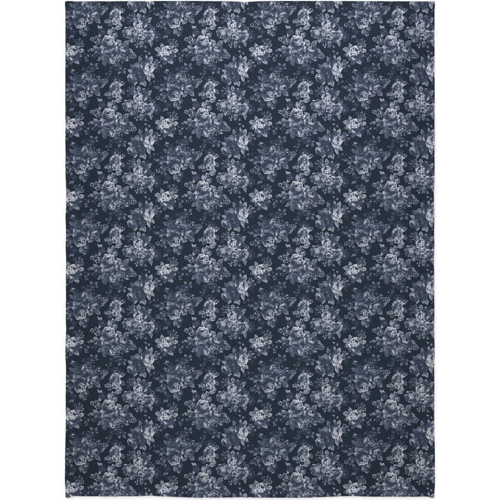 Navy Floral Blanket, Sherpa, 60x80, Blue, True Blue