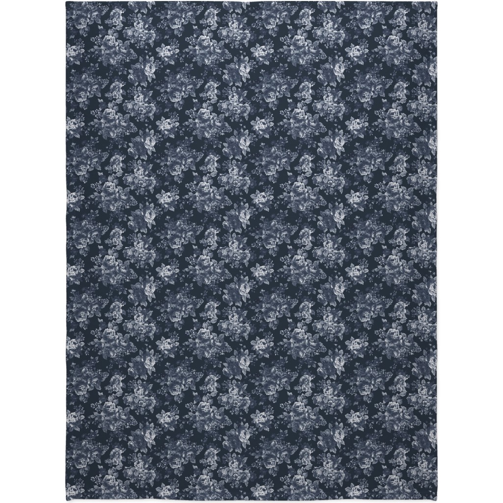 Navy Floral Blanket, Sherpa, 60x80, Blue