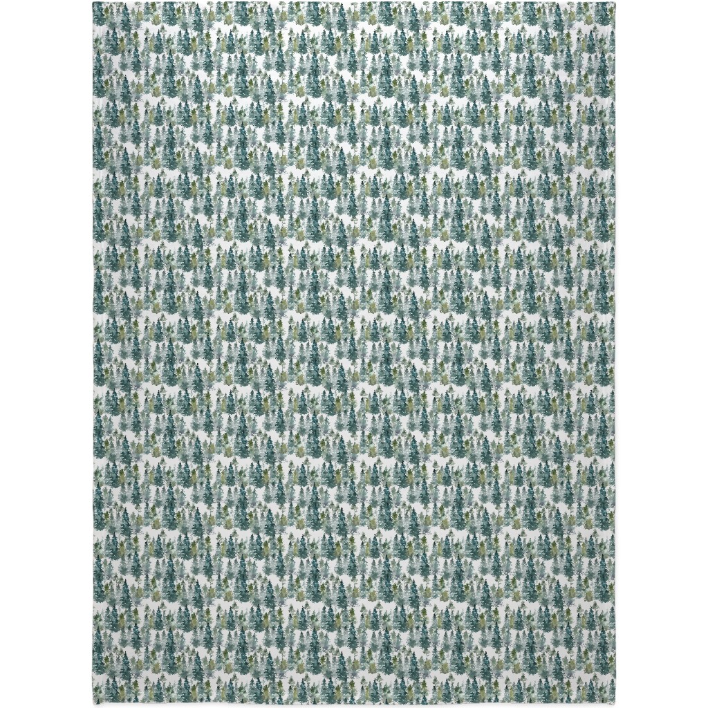 Woodland Trees Watercolor - White Blanket, Sherpa, 60x80, Green, Classic Green