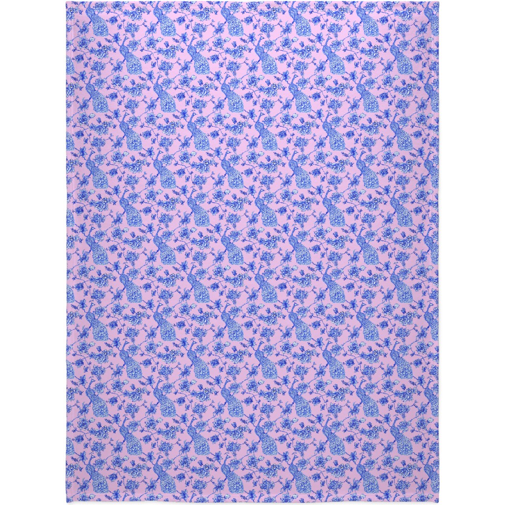 Chinoiserie Peacock Floral Blanket, Sherpa, 60x80, Pink, Bright Pink