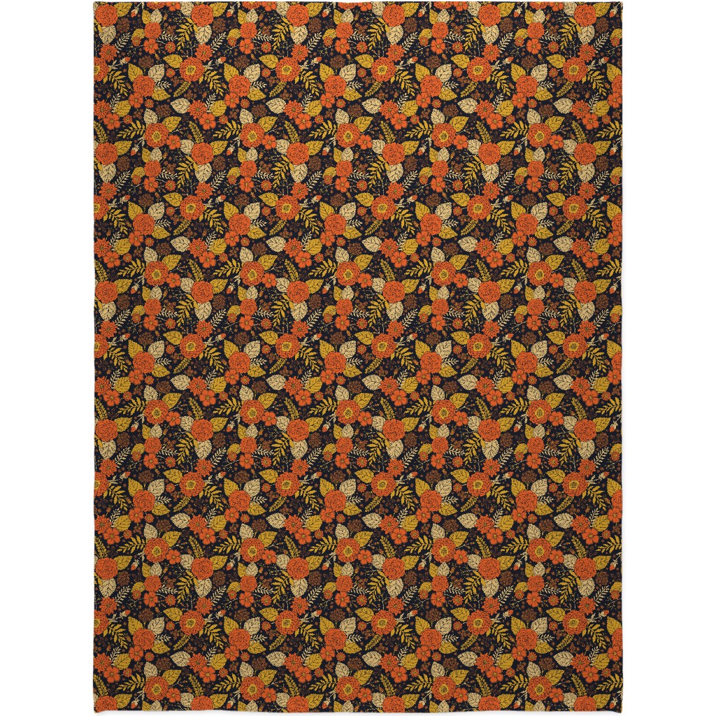 Retro Floral - Orange Brown and Yellow Blanket, Sherpa, 60x80, Orange, Orange