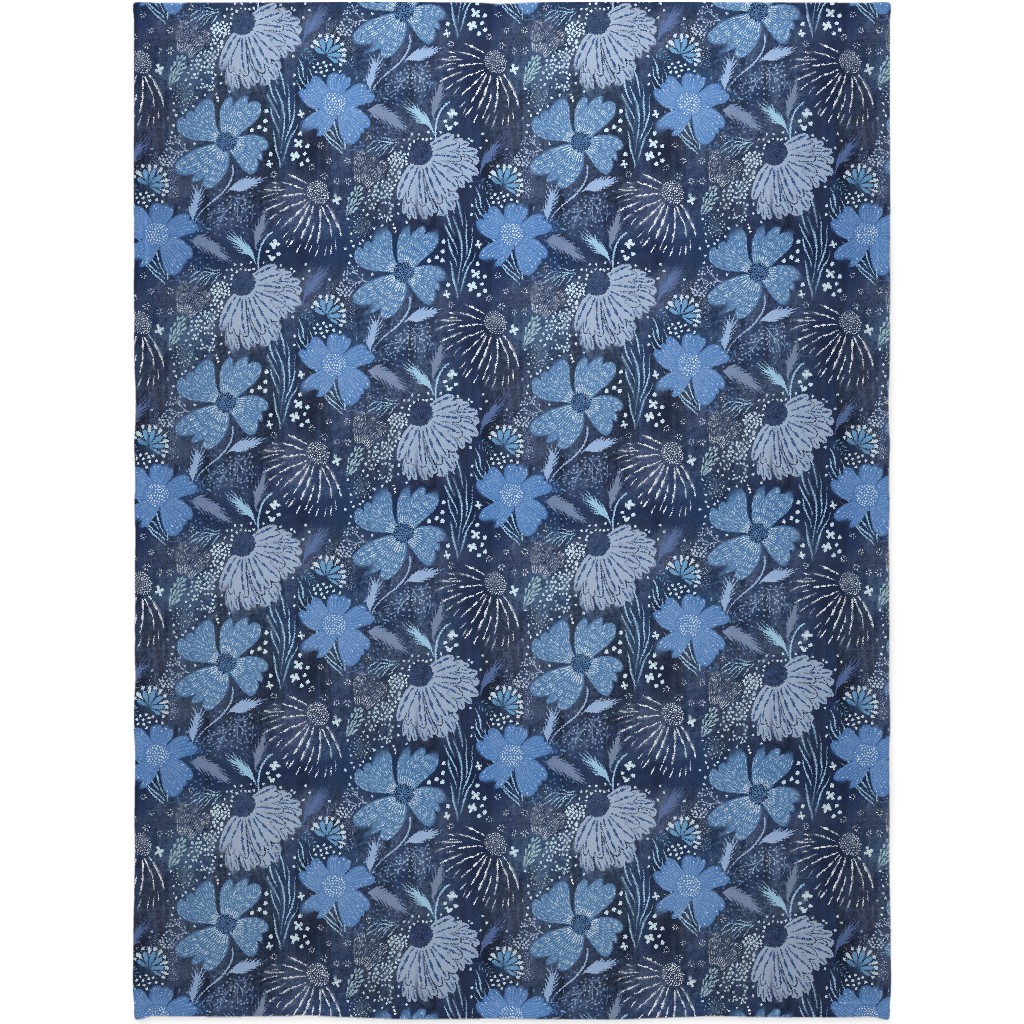 Shibori Flower Abundance - Blue Blanket, Sherpa, 60x80, Blue