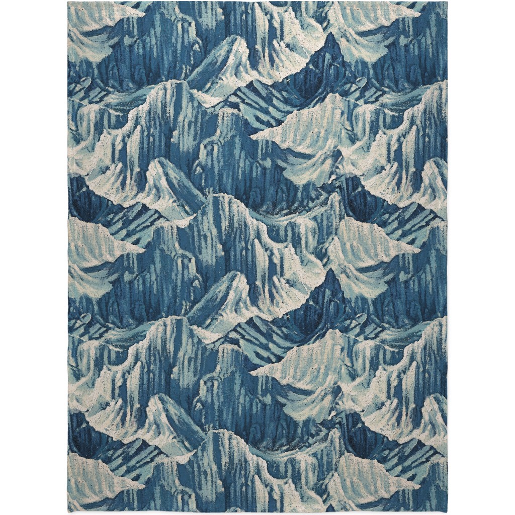 Vintage Snowy Mountains - Blue Blanket, Sherpa, 60x80, Blue, True Blue