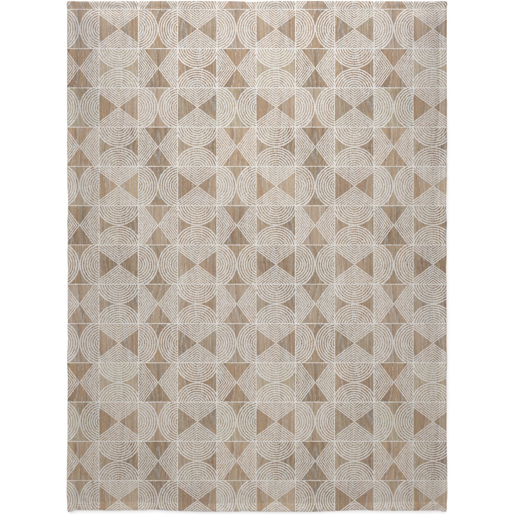 Boho Tribal Woodcut Geometric Shapes Blanket, Sherpa, 60x80, Beige, Rye