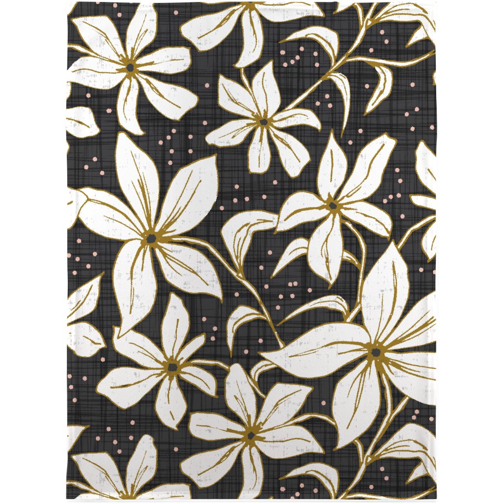 Lilium - Floral - Charcoal Black & White Blanket, Fleece, 30x40, Black, Black