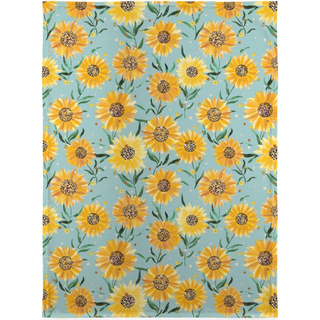 Watercolor Sunflowers - Yellow on Blue Blanket, Fleece, 30x40, Yellow