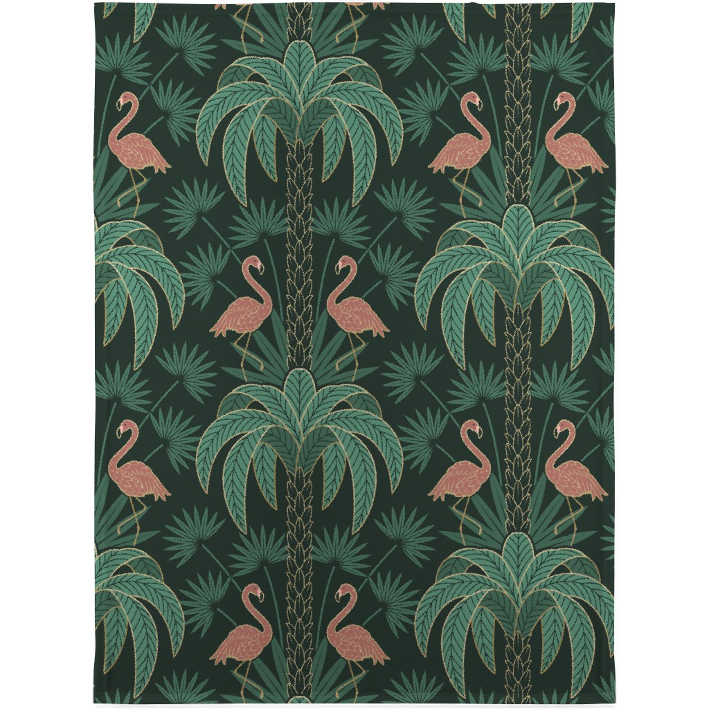 Art Deco Palm Trees and Flamingos Damask - Green and Pink Blanket, Fleece, 30x40, Green