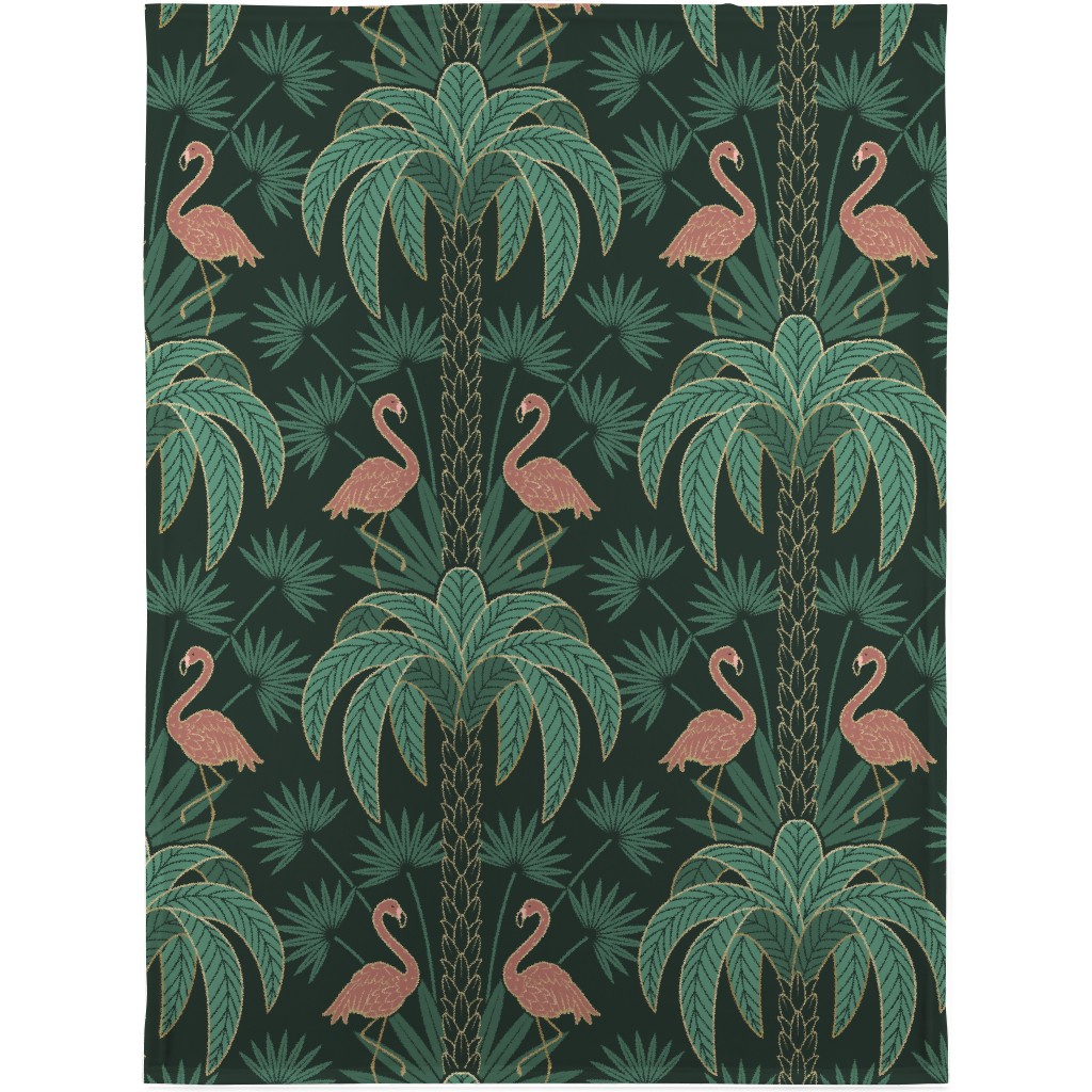 Art Deco Palm Trees and Flamingos Damask - Green and Pink Blanket, Fleece, 30x40, Green, Classic Green