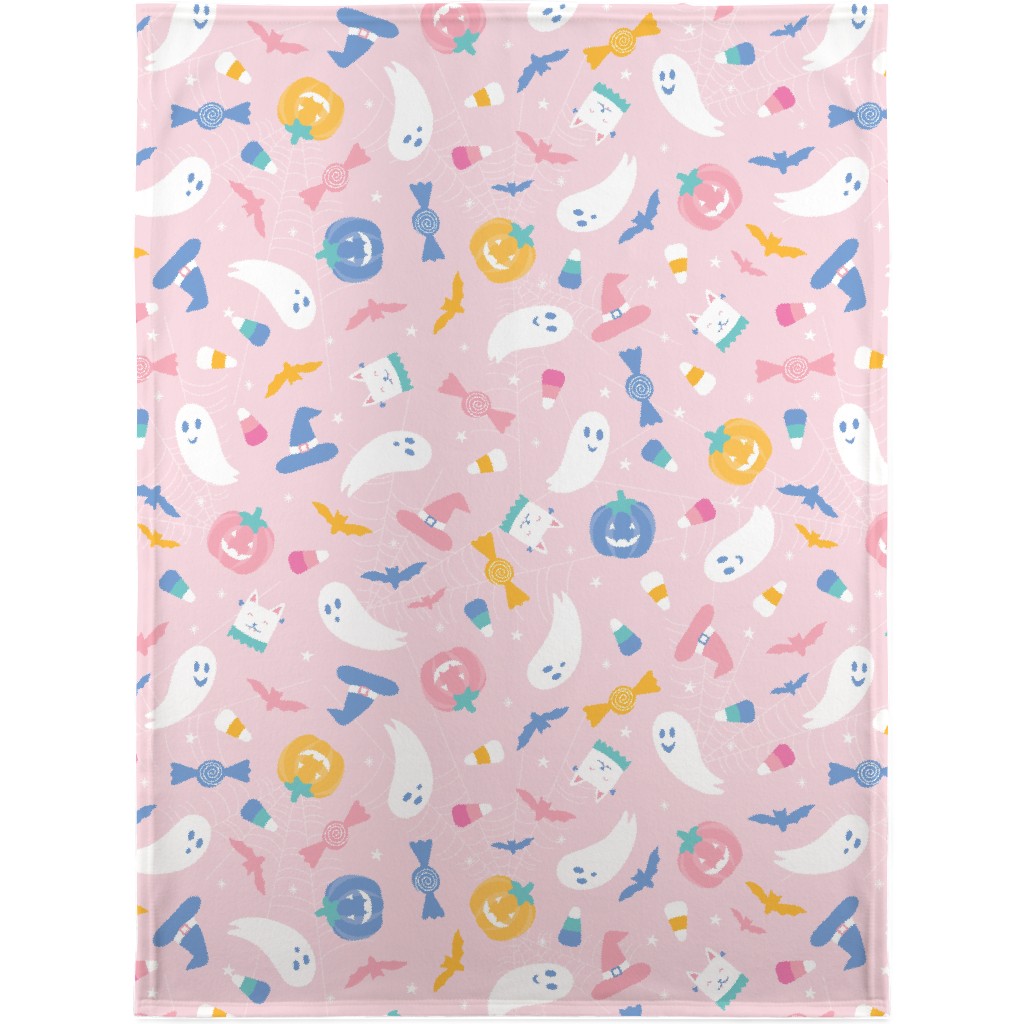 Happy Ghosts and Candy Corn - Pastel Blanket, Fleece, 30x40, Pink, Bright Pink