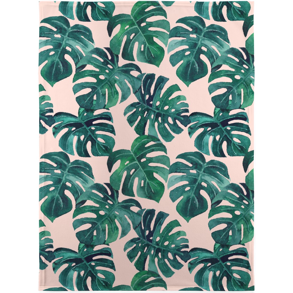 Watercolor Monstera Leaves - Green on Blush Pink Blanket, Fleece, 30x40, Green, Classic Green