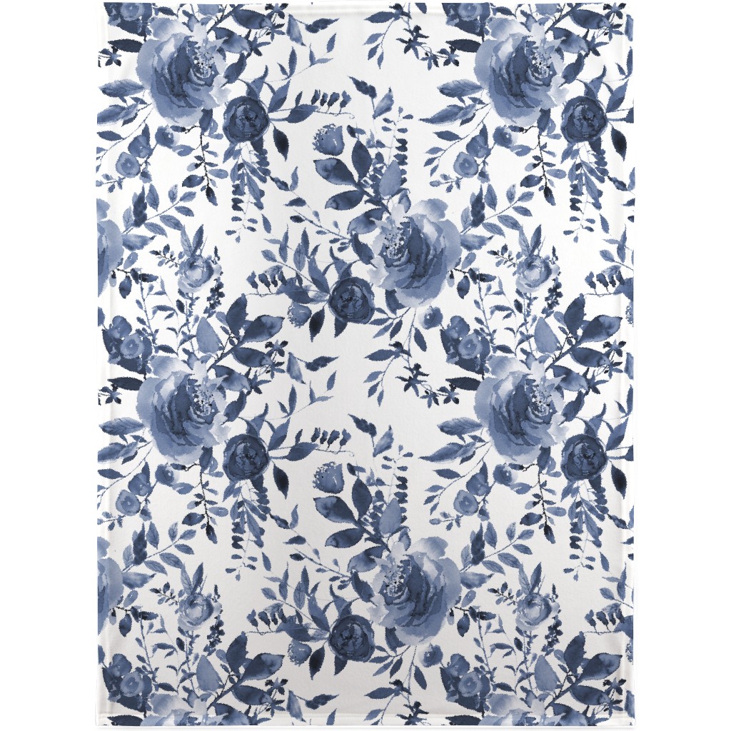 Blue and White Florals - Indigo Blanket, Fleece, 30x40, Blue