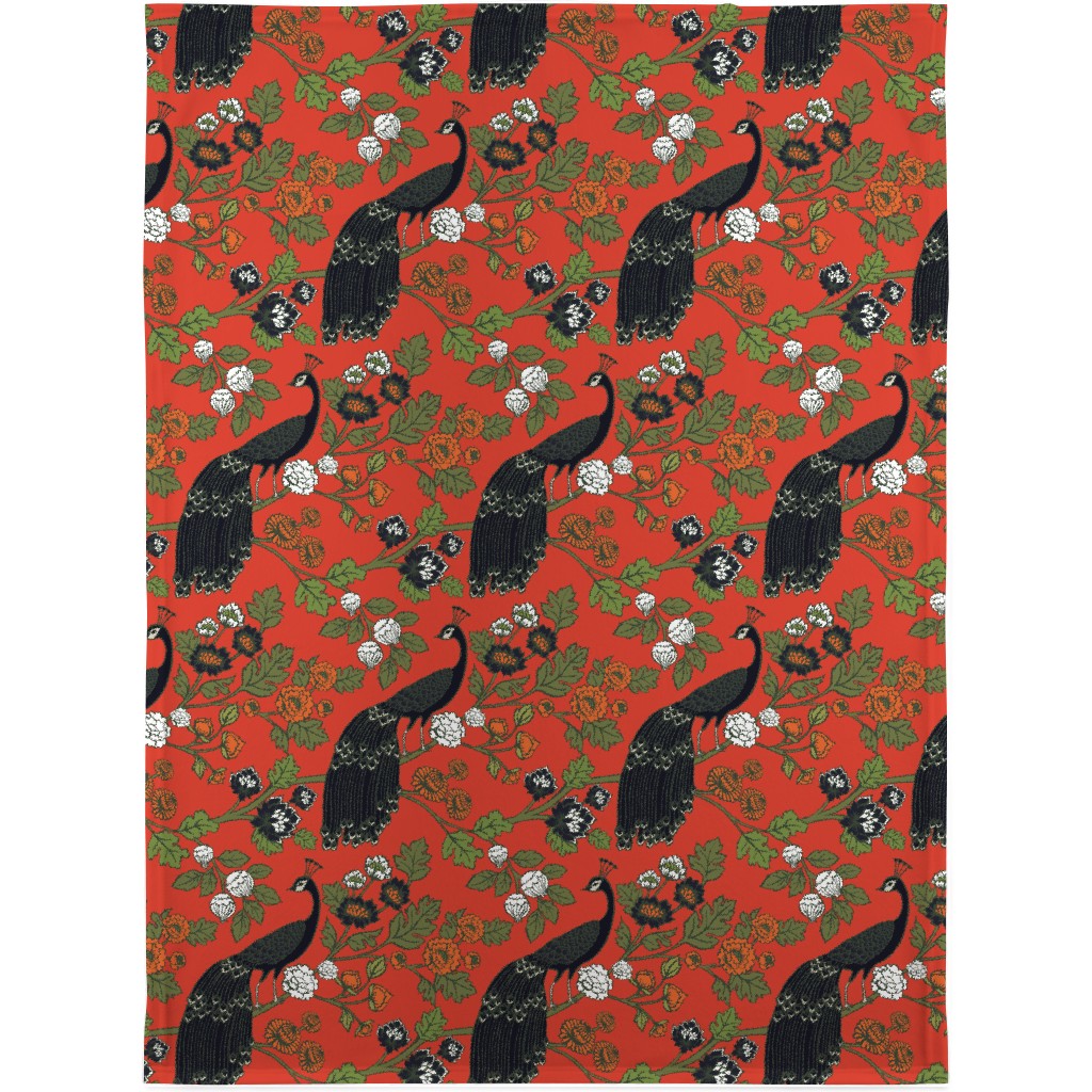 Peacock Garden - Red Blanket, Fleece, 30x40, Red, Red