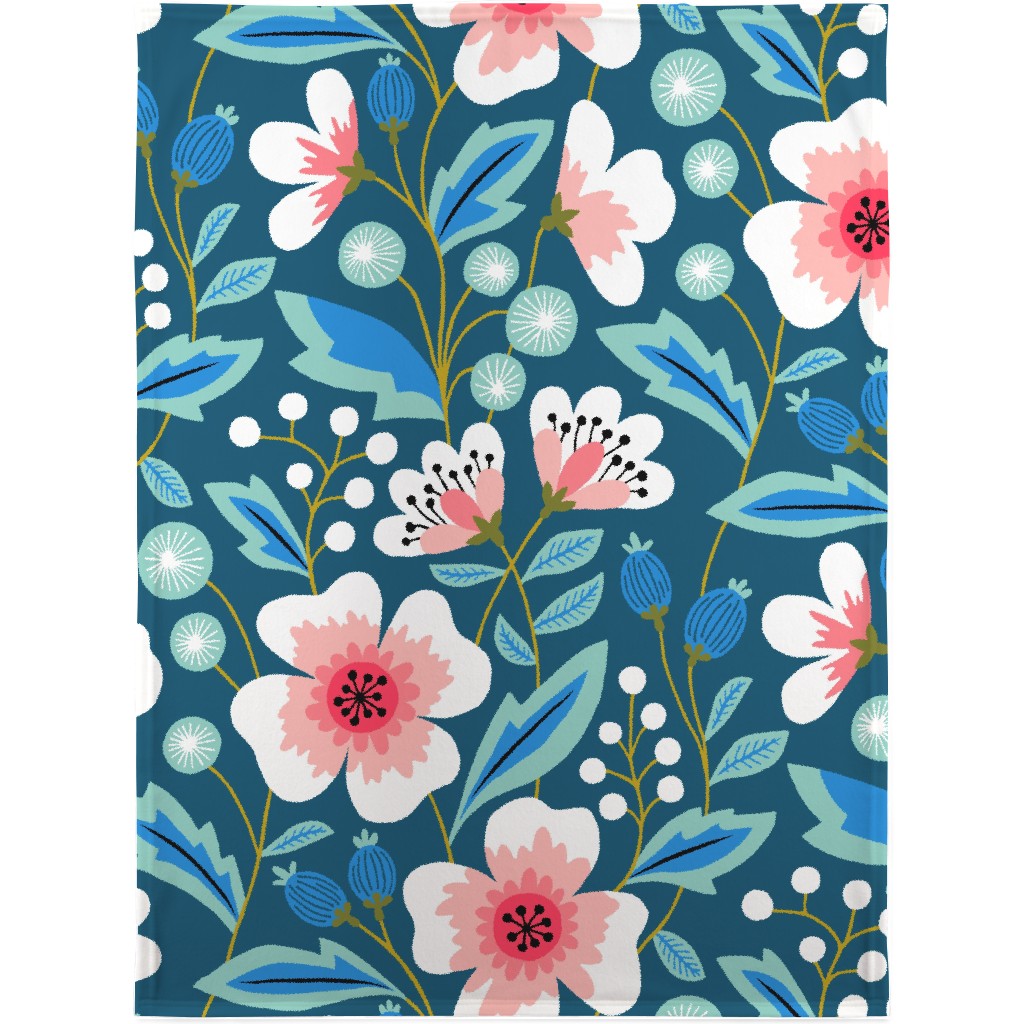 Colorful Spring Flowers - Pink on Blue Blanket, Fleece, 30x40, Green, Classic Green