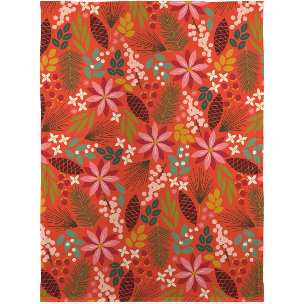 Pinecones and Berries - Red Blanket, Fleece, 30x40, Red, Red