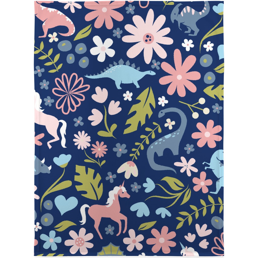 Dinosaurs and Unicorns - Dark Blue Blanket, Plush Fleece, 30x40, Multicolor