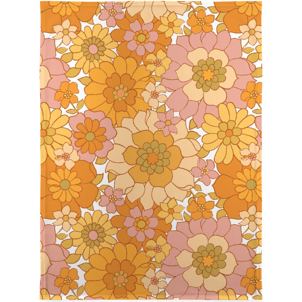 Avery Retro Floral - Orange on White Blanket, Plush Fleece, 30x40, Orange