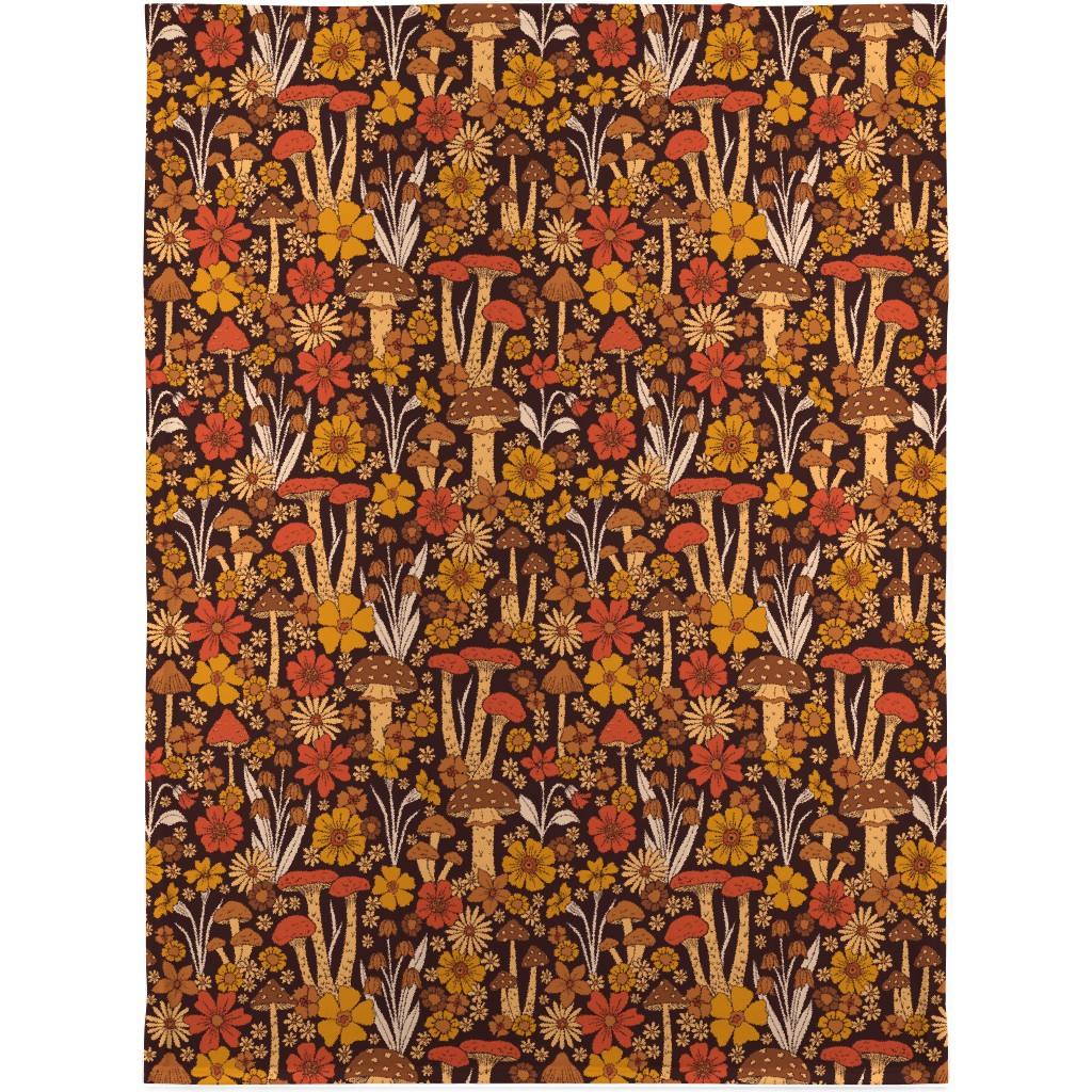 Retro 1970s Mushroom & Flowers - Brown and Orange Blanket, Plush Fleece, 30x40, Orange, Orange