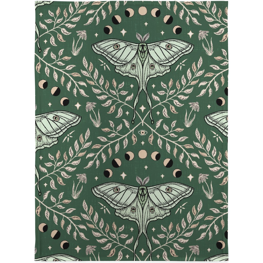 Luna Moths Damask - Green Blanket, Plush Fleece, 30x40, Green, Classic Green