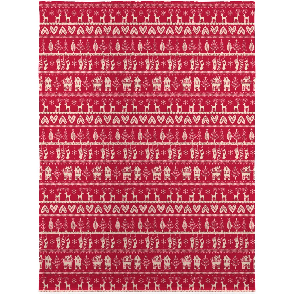 Vintage Nordic Christmas Blanket, Plush Fleece, 30x40, Red