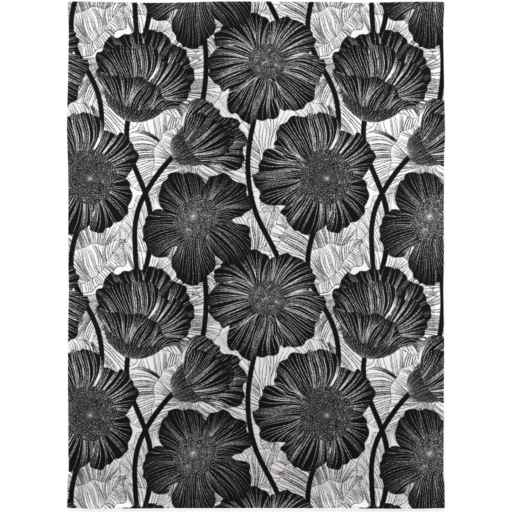 Mid Century Modern Floral - Black and White Blanket, Plush Fleece, 30x40, Black
