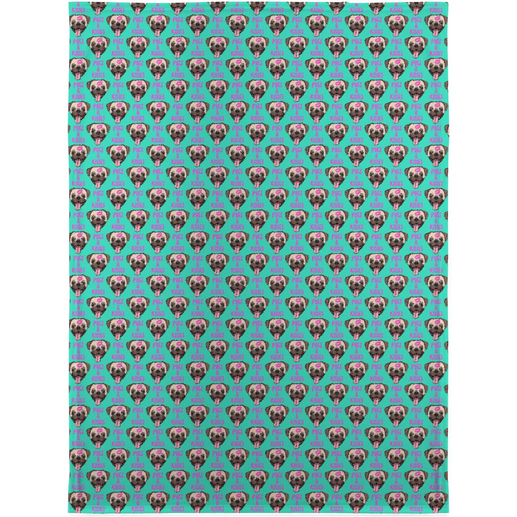 Pugs & Kisses - Cute Pug Dog - Teal Blanket, Plush Fleece, 30x40, Green