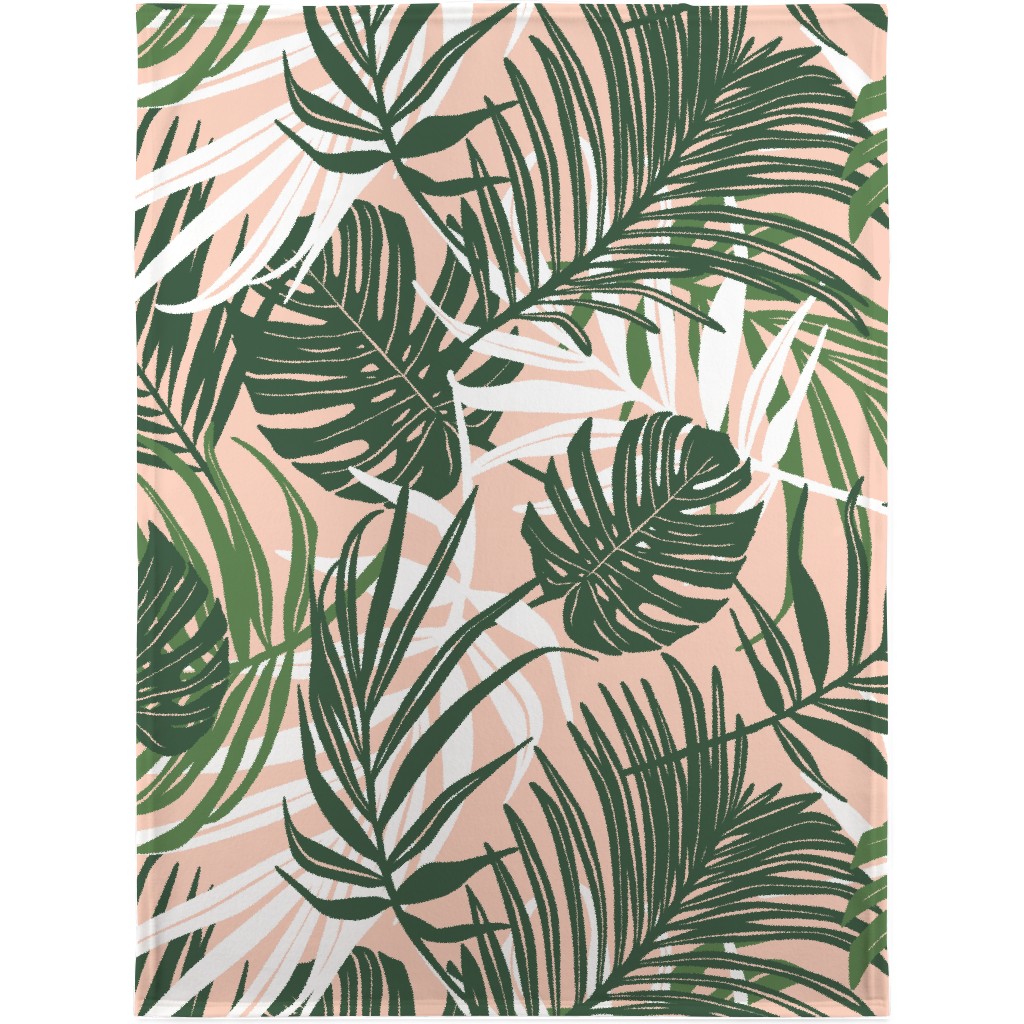 Hideaway Tropical Palm Leaves - Blush Pink Blanket, Plush Fleece, 30x40, Green