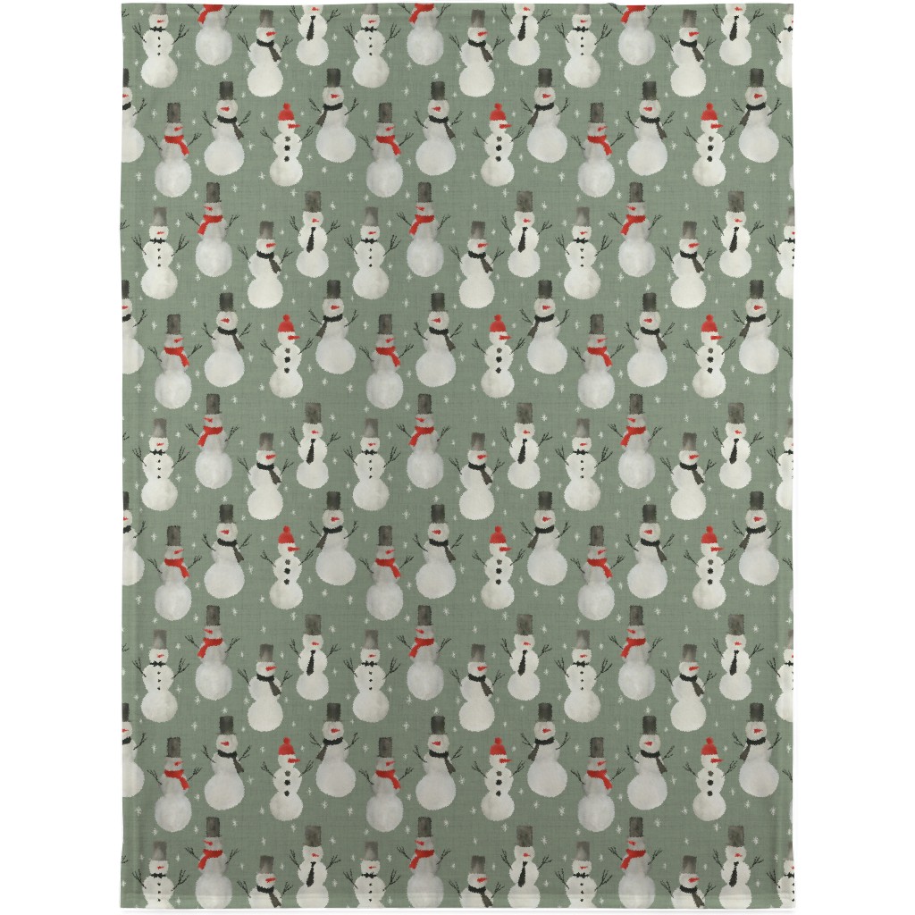 Watercolor Snowmen on Sage Blanket, Sherpa, 30x40, Green, Classic Green
