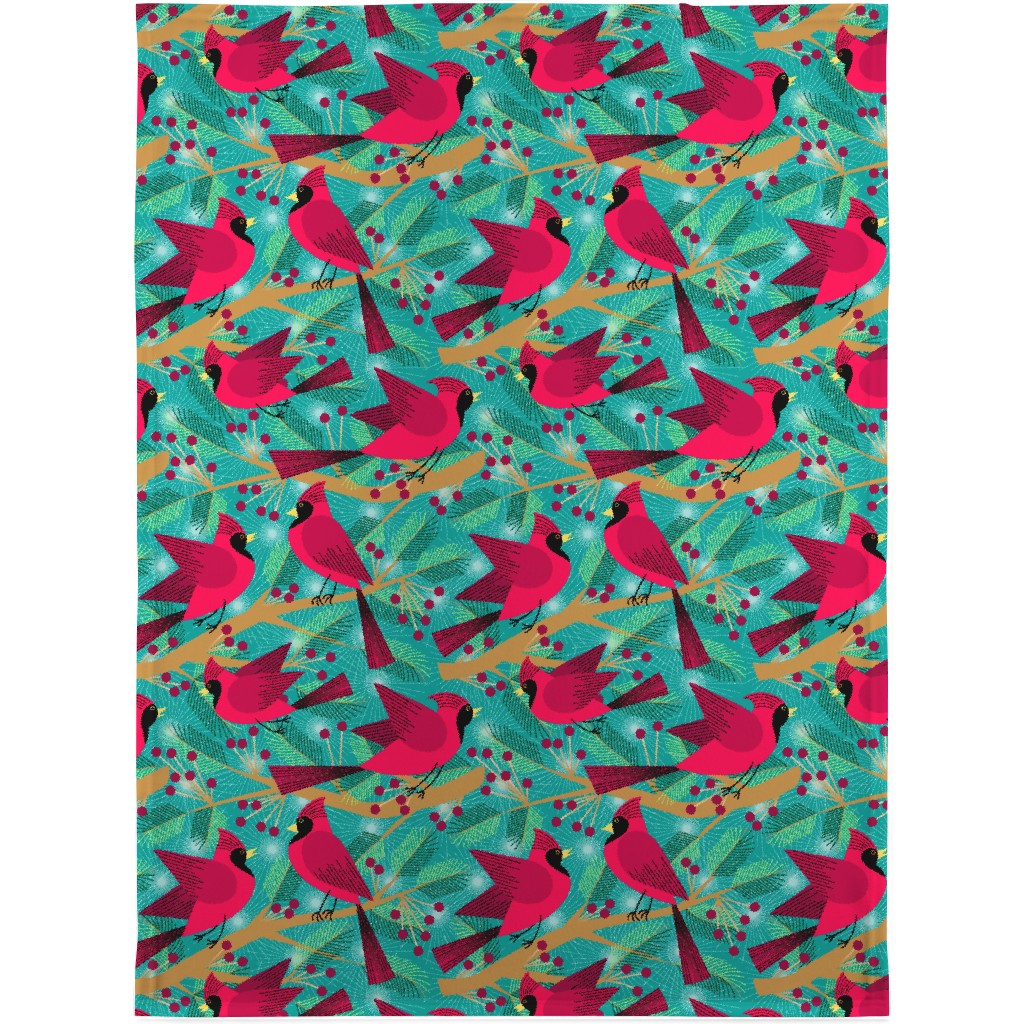 Winter Solstice Cardinals - Green Blanket, Sherpa, 30x40, Green