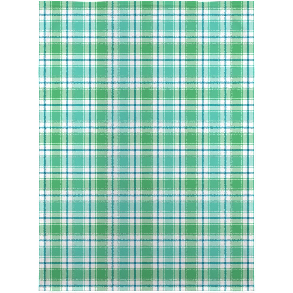 Blue, Green, Turquoise, and White Plaid Blanket, Sherpa, 30x40, Green