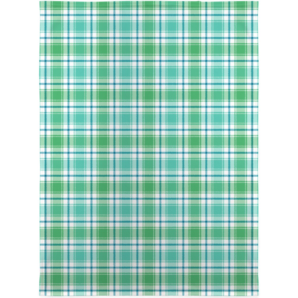 Blue, Green, Turquoise, and White Plaid Blanket, Sherpa, 30x40, Green, Classic Green