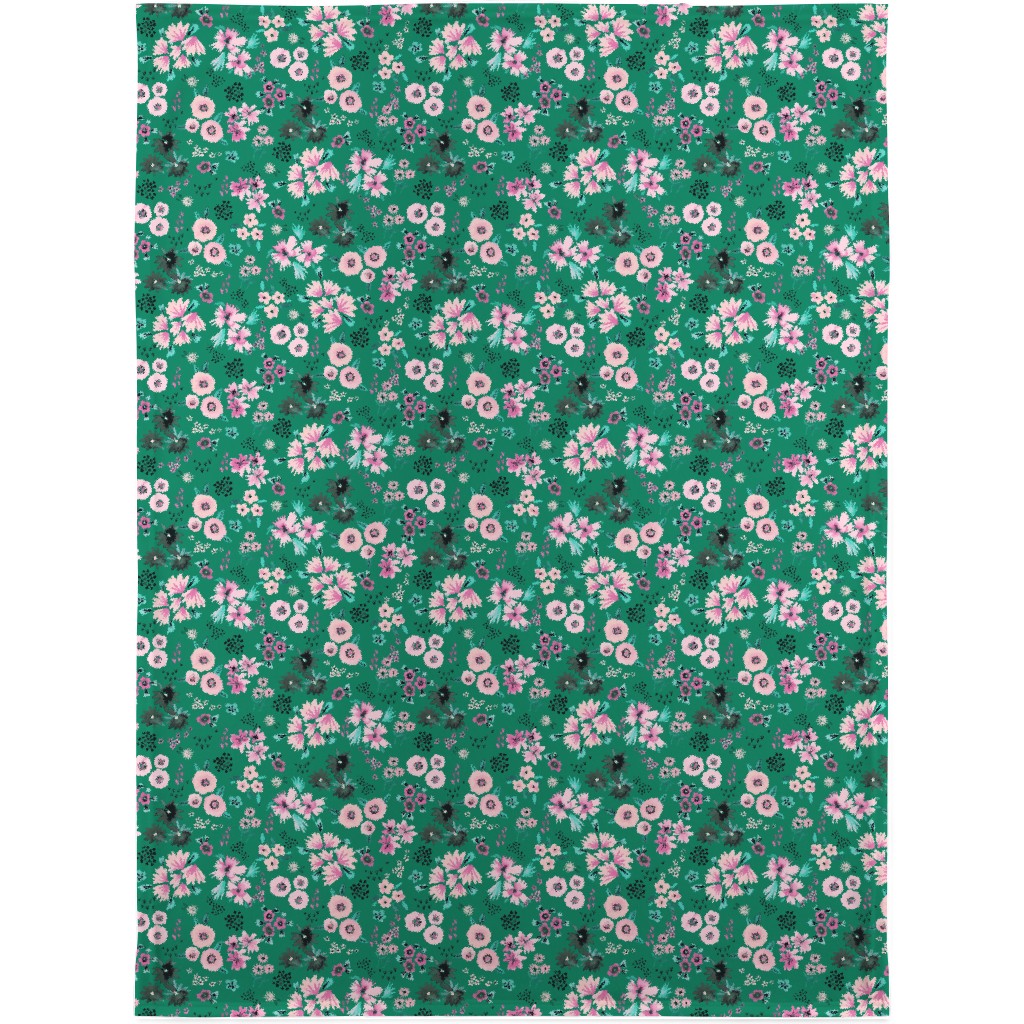 Artful Little Flowers - Green Blanket, Sherpa, 30x40, Green