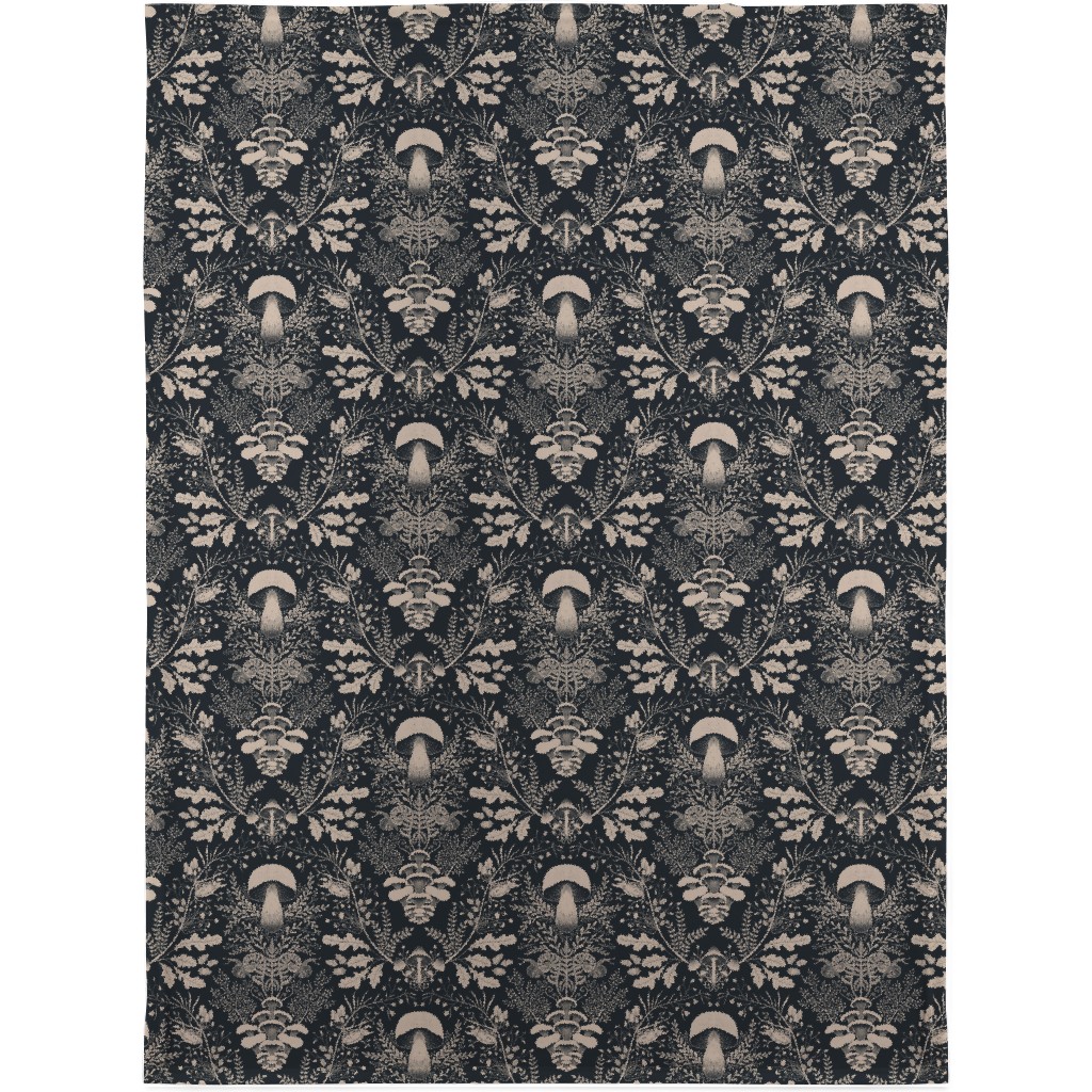 Mushroom Forest Damask - Dark Blanket, Sherpa, 30x40, Black, Black
