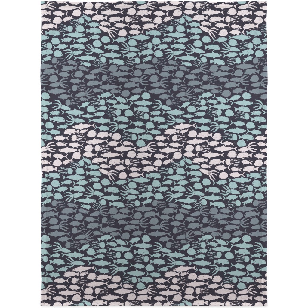 Fish School in Gray Aqua Dark Background Blanket, Sherpa, 30x40, Blue