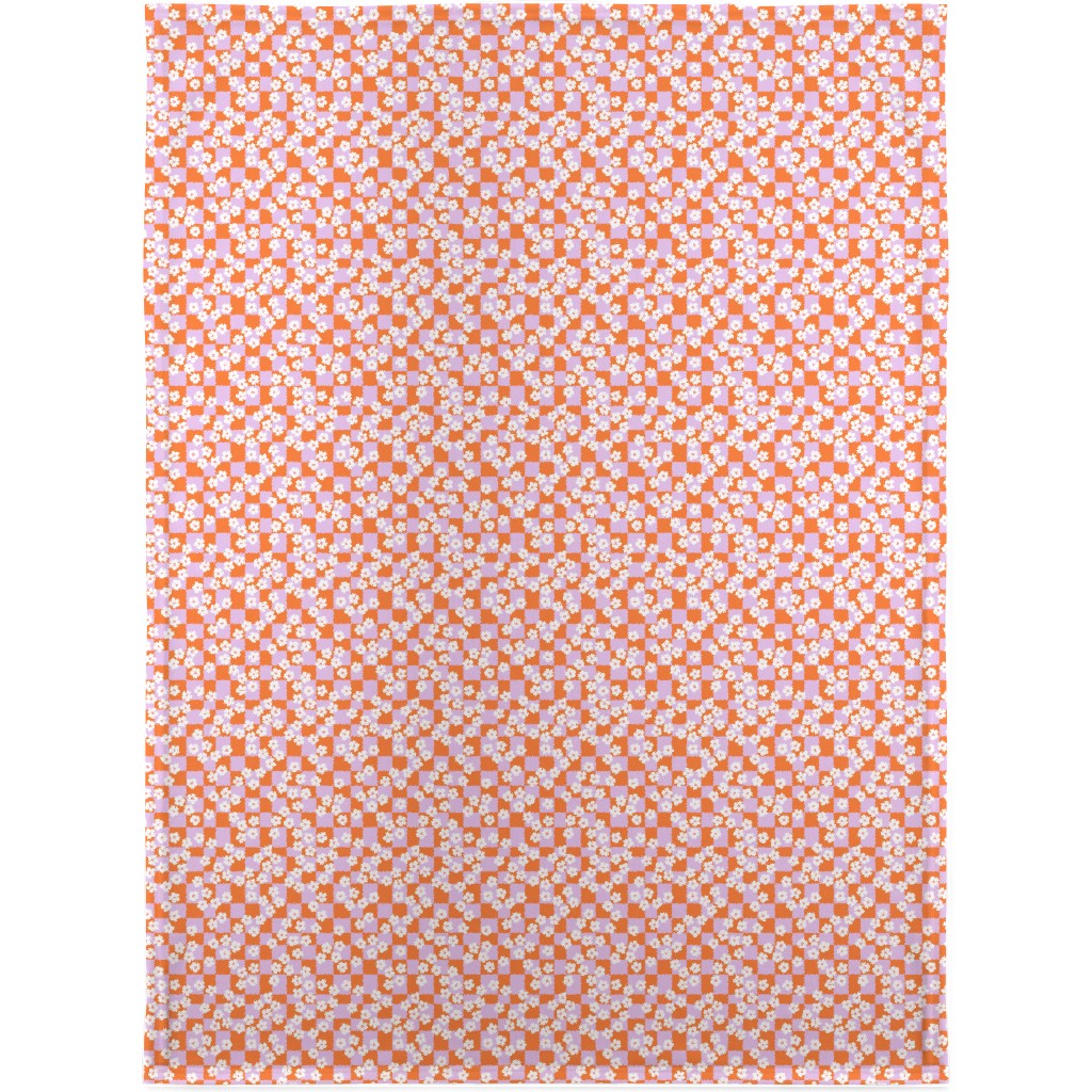 Checkered Daisies Retro - Orange and Pink Blanket, Sherpa, 30x40, Multicolor
