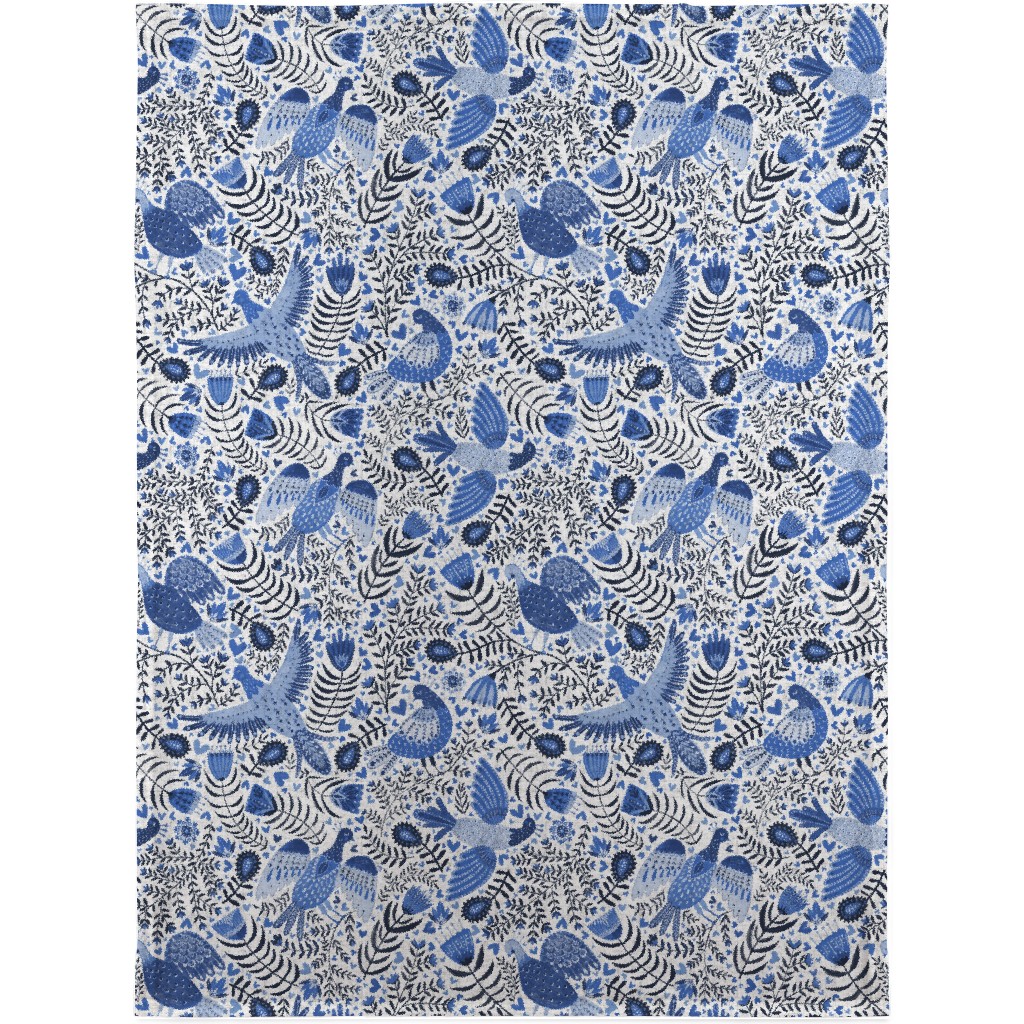 Scandinavian Birds - Indigo Blue Blanket, Sherpa, 30x40, Blue