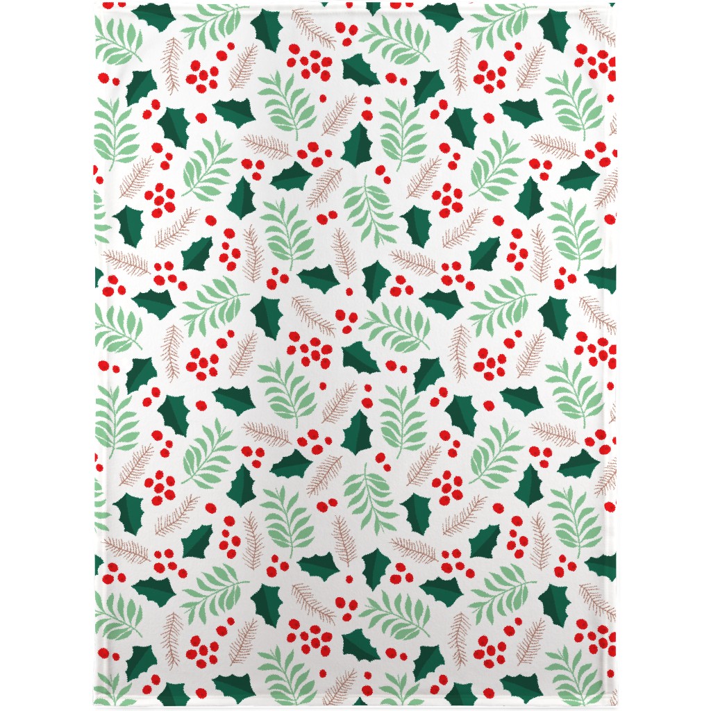 Botanical Christmas Garden Pine Leaves Holly Branch Berries - Green and Red Blanket, Sherpa, 30x40, Green, Classic Green