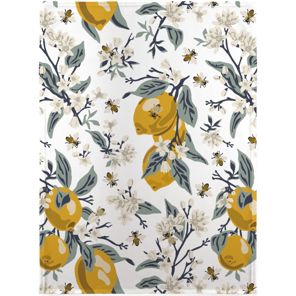 Bees and Lemons - White Blanket, Sherpa, 30x40, Yellow, Classic Yellow