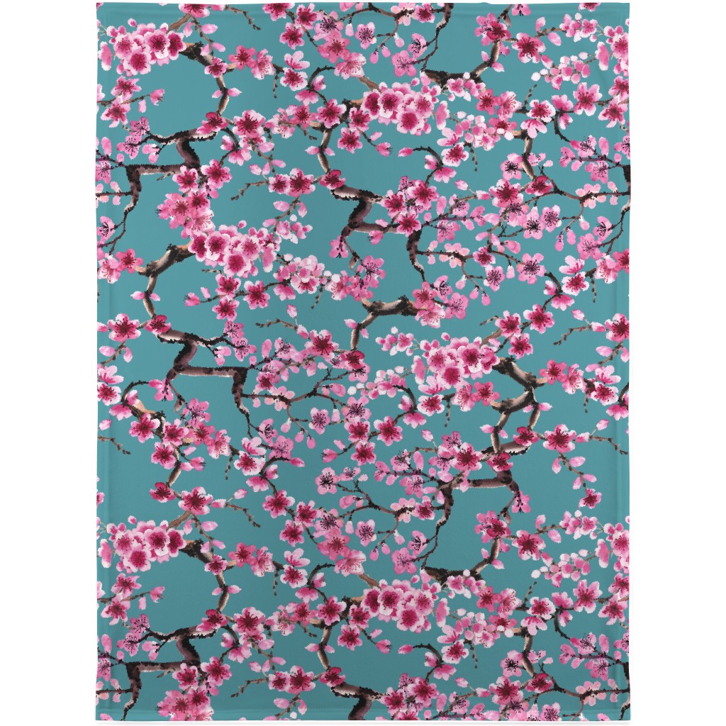 Sakura - Pink on Turquoise Blanket, Sherpa, 30x40, Blue