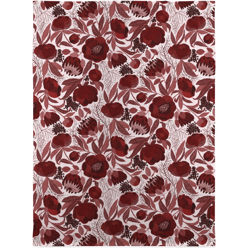 Peony and King Protea - Burgundy Blanket, Sherpa, 30x40, Red, Red