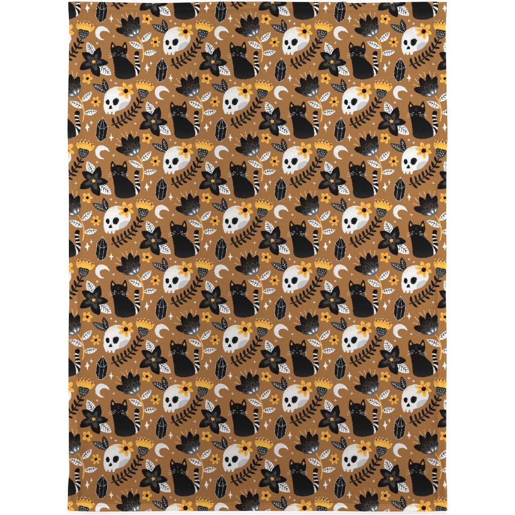 Black Cat & Floral Skull Blanket, Sherpa, 30x40, Brown