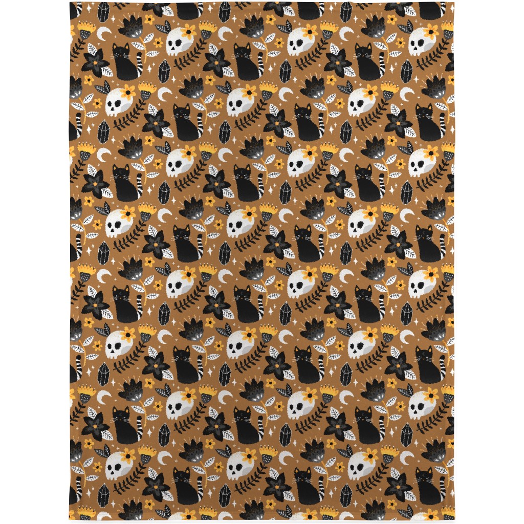 Black Cat & Floral Skull Blanket, Sherpa, 30x40, Brown, Brown