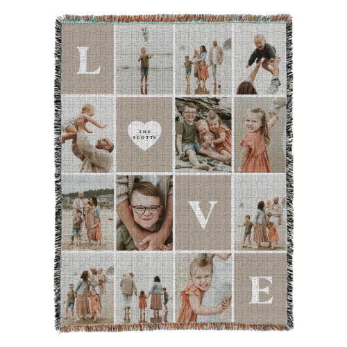 Love Block Collage Woven Photo Blanket, 54x70, Beige