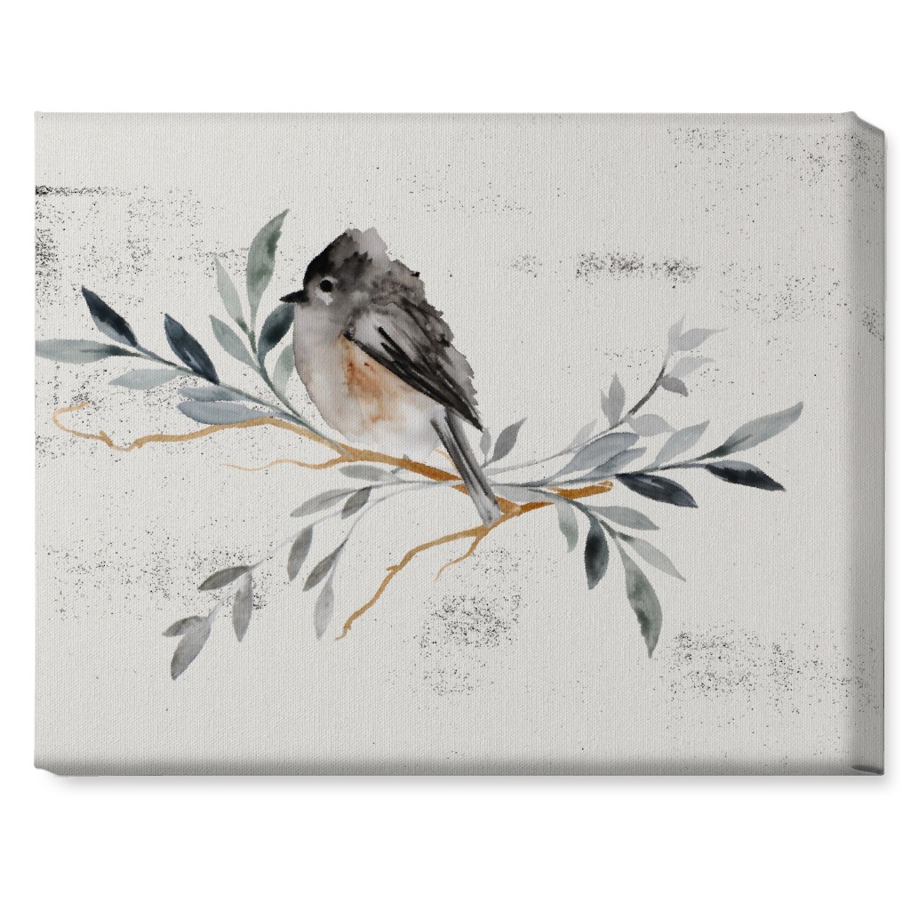 Winter Bird on Branch - Blue Wall Art, No Frame, Single piece, Canvas, 16x20, Gray