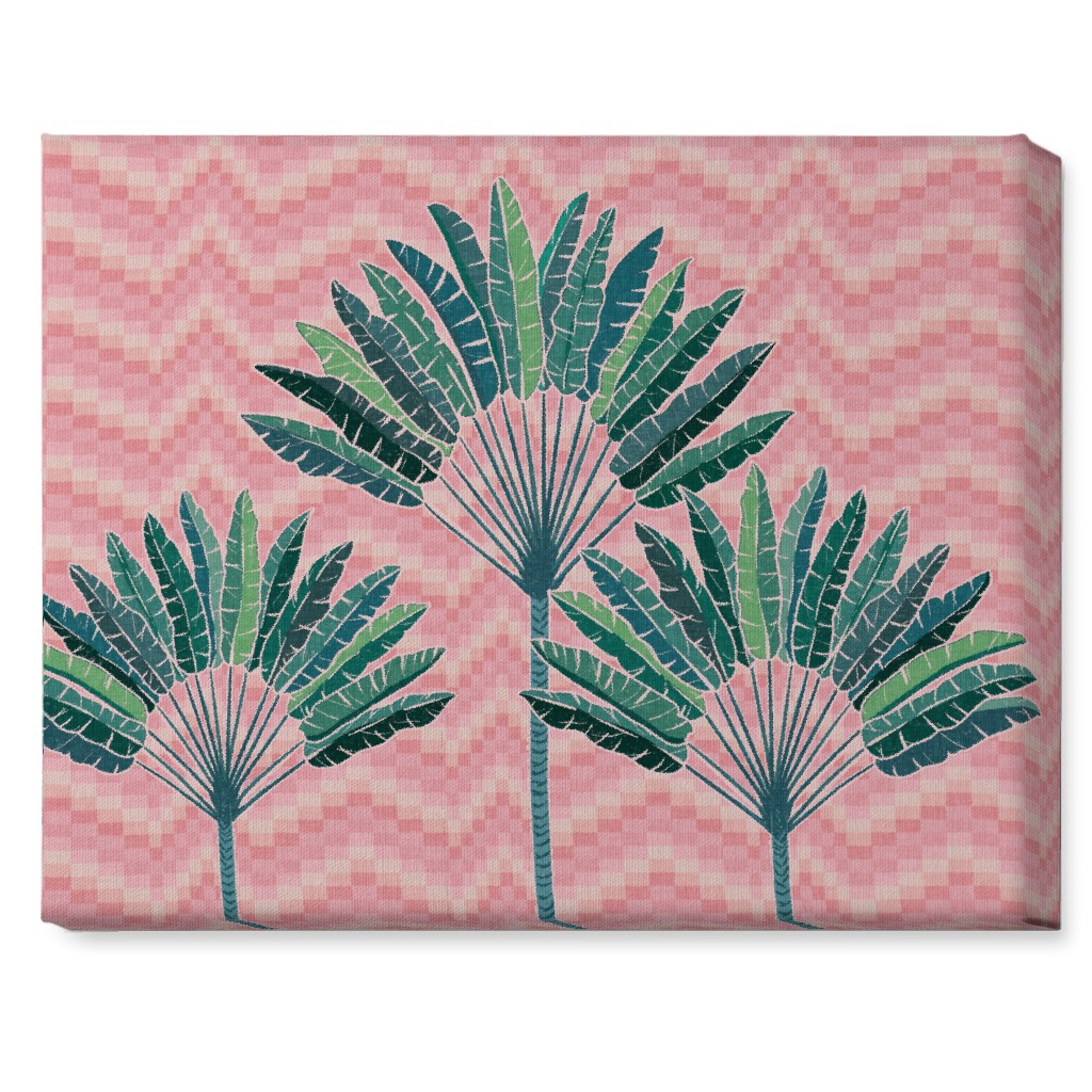 Palms on Wave Grid - Pink Wall Art, No Frame, Single piece, Canvas, 16x20, Pink, Bright Pink